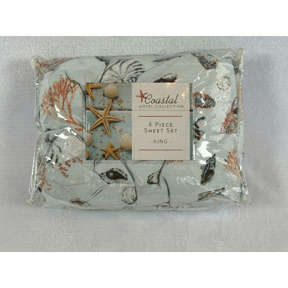 Coastal Hotel Collection King Size Sheet Set, NIB, Beachy, Seashells, Starfish